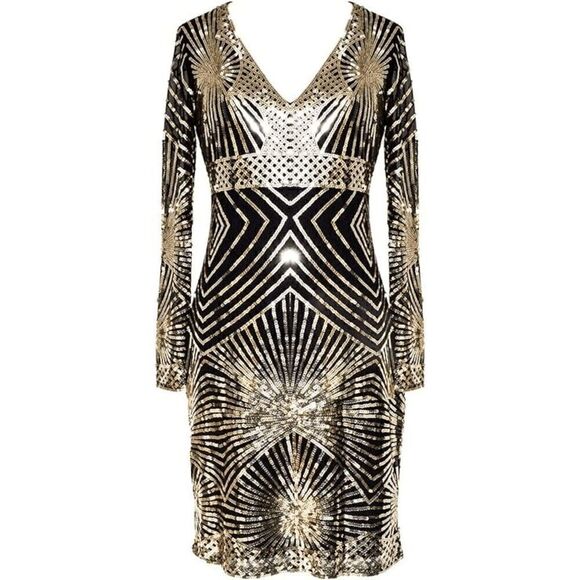 ✨ Art Deco Flapper Great Gatsby Roaring 1920s Retro Gold Sequin Dress SIZE M NWT - Picture 1 of 11